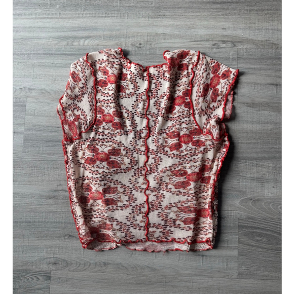 Free People Oh My Baby Mesh Tee L NWOT Sheer Y2K Fairy Grunge Top Red Floral - Picture 5 of 8